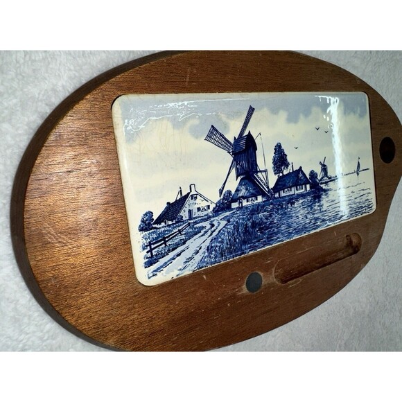 Delft Blue Windmill Cheese Board Charcuterie VTG Tile + Teak Wood Antique - Picture 13 of 16